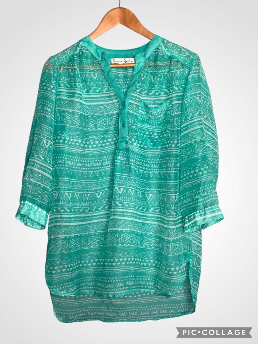 French Laundry Teal Aztec-Print Henley Semi-Sheer Tunic Large